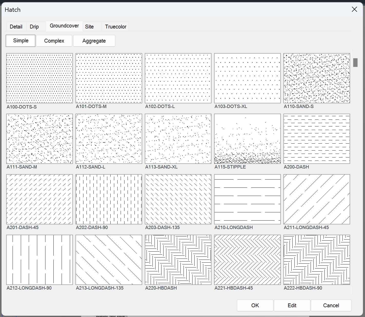 Updated Hatch dialog box showing Groundcover hatch patterns